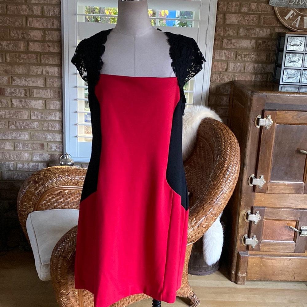 NICOLE BY NICOLE MILLER RED & BLACK LACE VIRBRANT CRIMSON / BLACK DRESS XL NEW